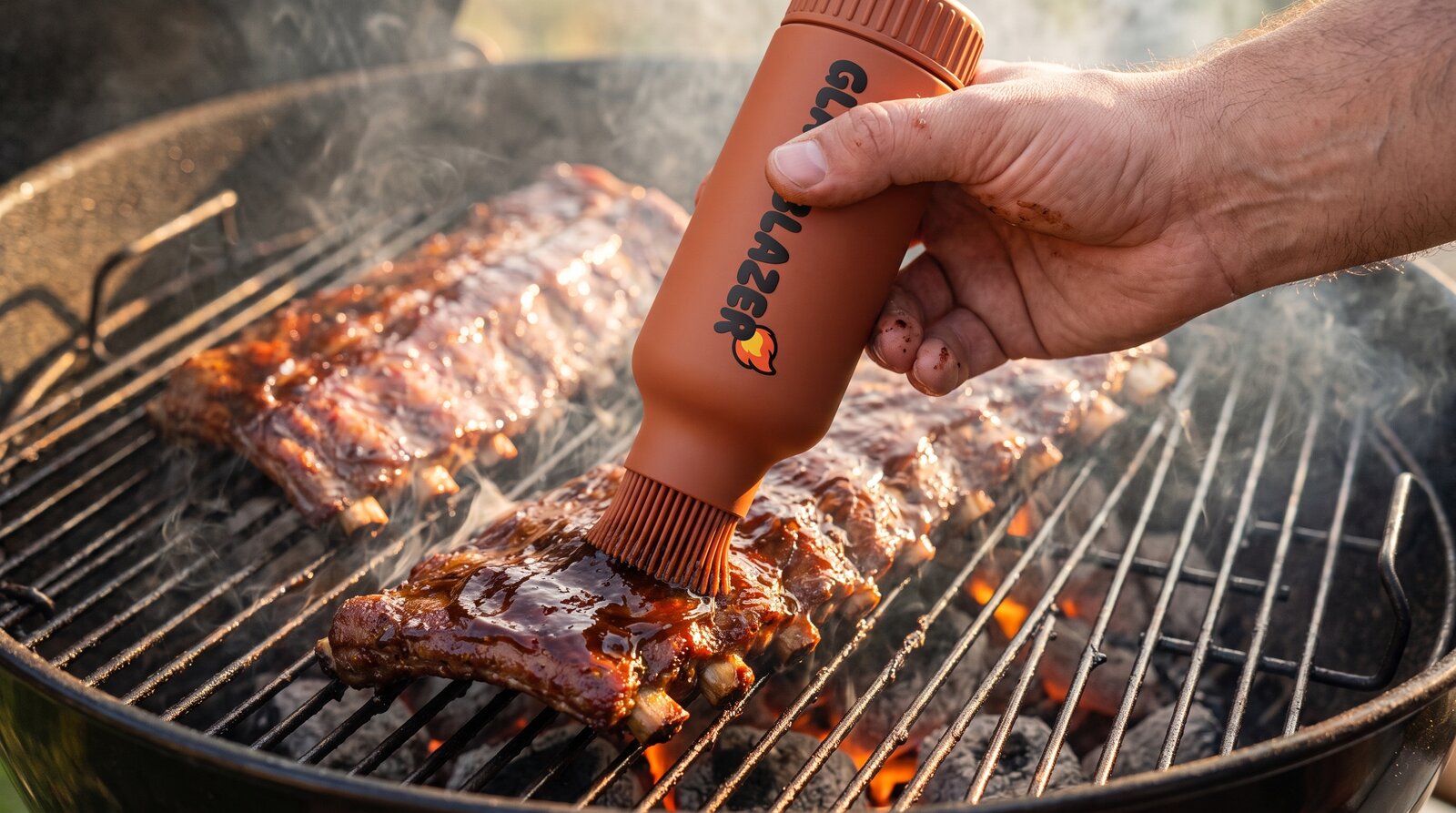 Glazeblazer kwastfles glazuurt spareribs, spitskool en kippenvleugels op de BBQ