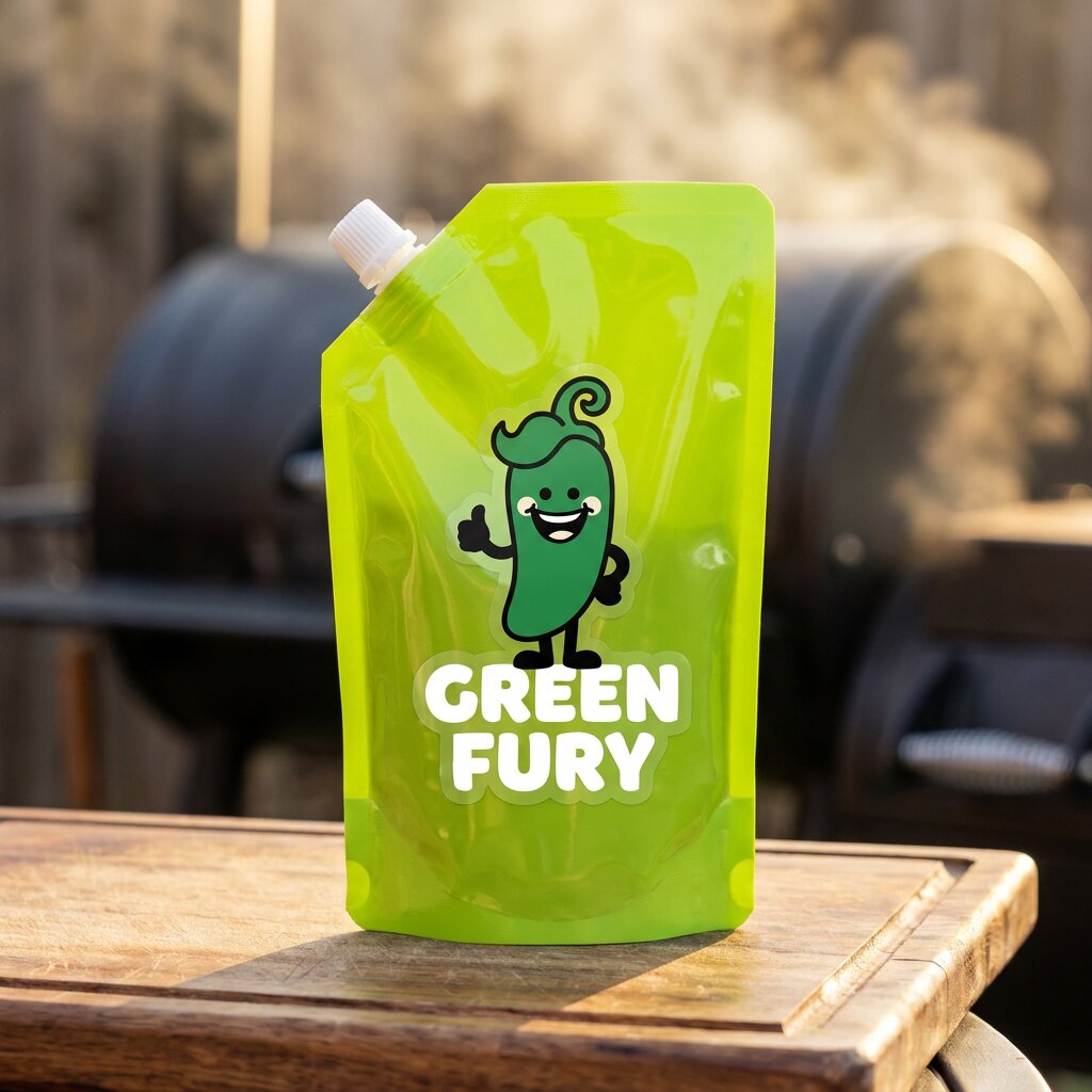 Green Fury navulpouch op snijplank met BBQ