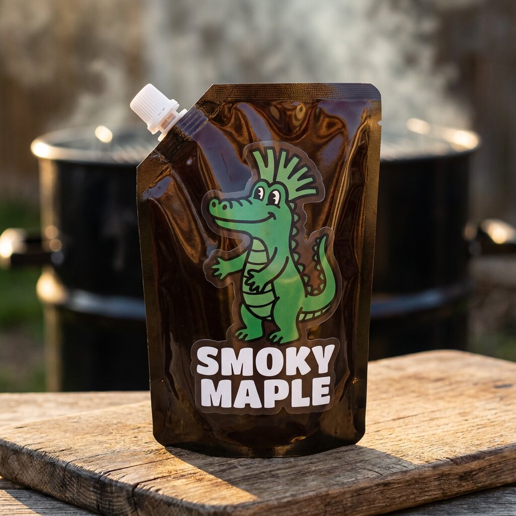 Smoky Maple navulpouch op snijplank met BBQ