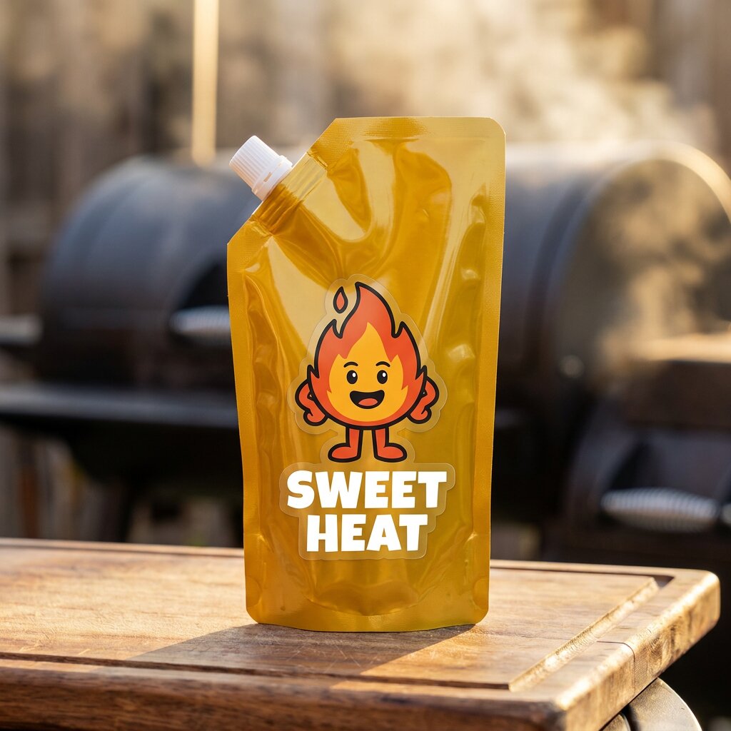 Sweet Heat navulpouch op snijplank met BBQ